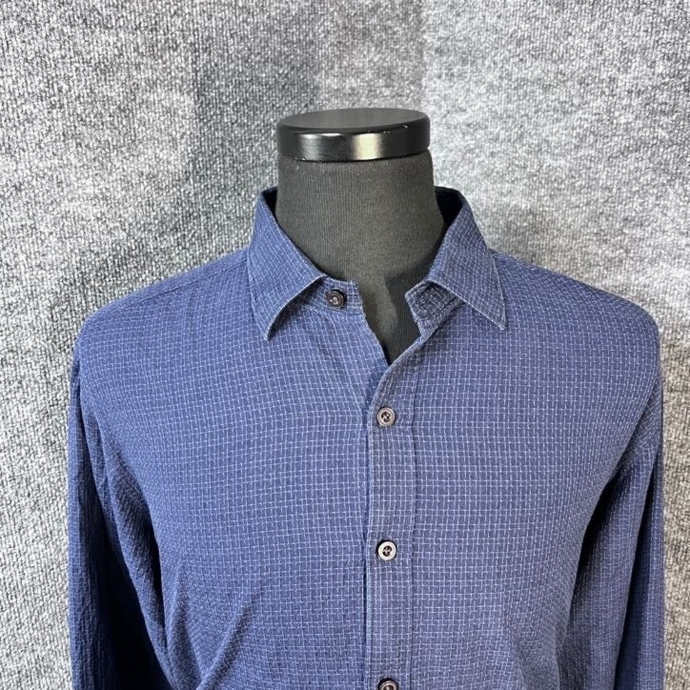 Tommy Bahama Size Large Blue 88%‎ Silk Cotton Down Shirt Grid Check Long Sleeve